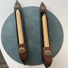 Vintage pair Wood Shuttle Or Weaving Tool With Spindle Weaver Loom Candle Holder