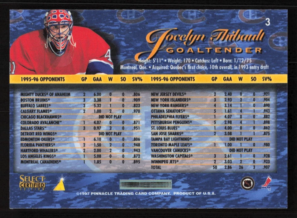 1996-97 Select Certified #3 Jocelyn Thibault Card TCCCX - Image 2 of 2