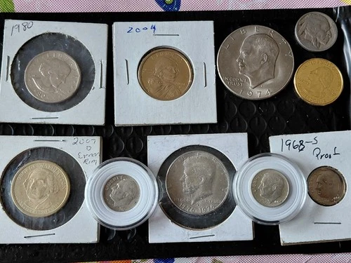 USA Coins. Two Silver Dimes. Dollar Coins. JFK, Proof Dime, 24k Quarter, Nickel