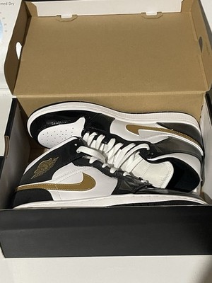 Jordan Air Jordan 1 Mid Patent Leather Colorblock Black White Gold Sneaker