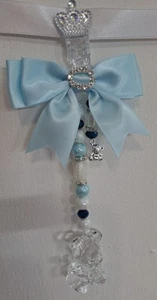 Pram charms*new*boys Clear Crystal Dummy With Mixed Beads Blue Bow Silver Teddy 