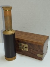Vintage Brass Nautical Telescope 6" Sliding Extendable Spyglass w/ Walnut Box