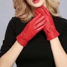 Women Pu Leather Warm Glove Ladies Faux Sheep Leather Gloves Girls Lined Gloves