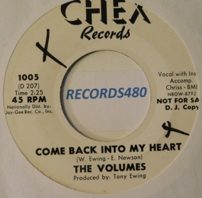 White label Promo 45 The Volumes ''Come Back Into My Heart/The Bell'' Chex 1005
