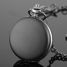 Vintage Matte Full Black Silver Unisex's Quartz Pocket Watch Necklace Chain Gift