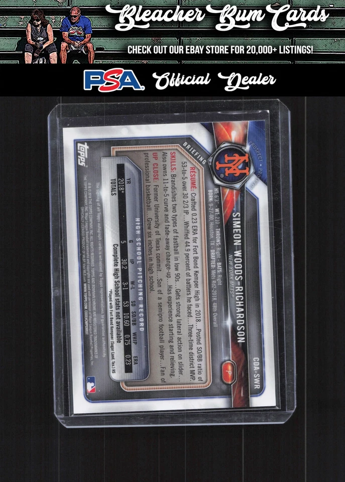 2018 Bowman Draft CDA-SWR Simeon Woods-Richardson Chrome Auto Purple /250 - Image 2 of 2