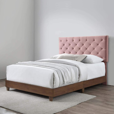 Rhiannon Velvet Queen Bed in Walnut & Dusty Rose, Diamond Tufted Design