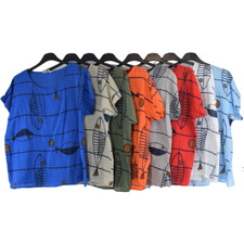 Ladies Italian Lagenlook Summer Lightweight Short Sleeve Fish Print Top