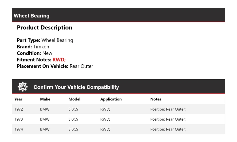 Para 1972-1974 BMW 3.0CS RWD rolamento de roda traseiro externo Timken 1973 - Imagem 2 de 4