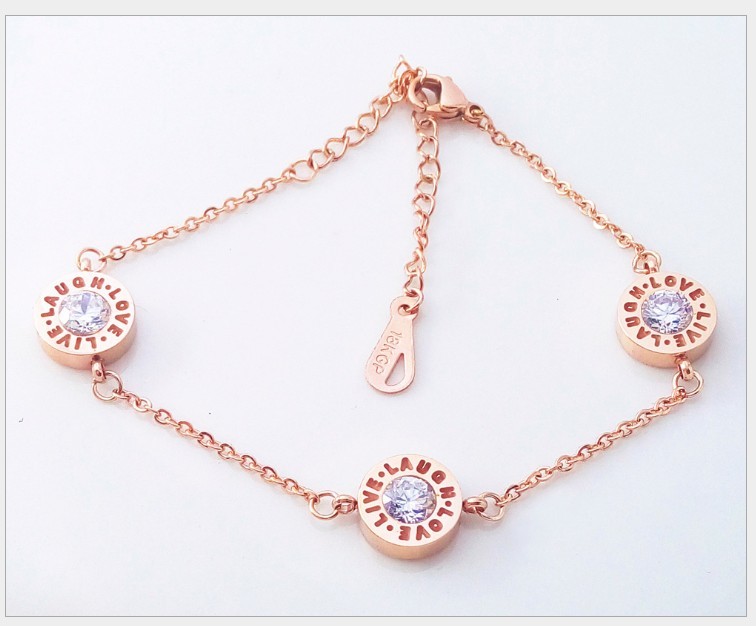 Stainless Steel 18K Rose Gold LOVE LIVE LAUGH Charm Chain Bracelet Gift PE14