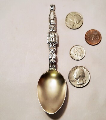60s ALASKA TOTEM POLE vtg sterling silver teaspoon hdk eagle bear tiki sculpture