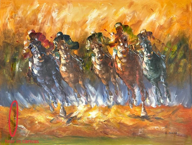 Pintura a óleo original de cavalos e jóqueis por B. Welsh. Danificado. - Imagem 3 de 4