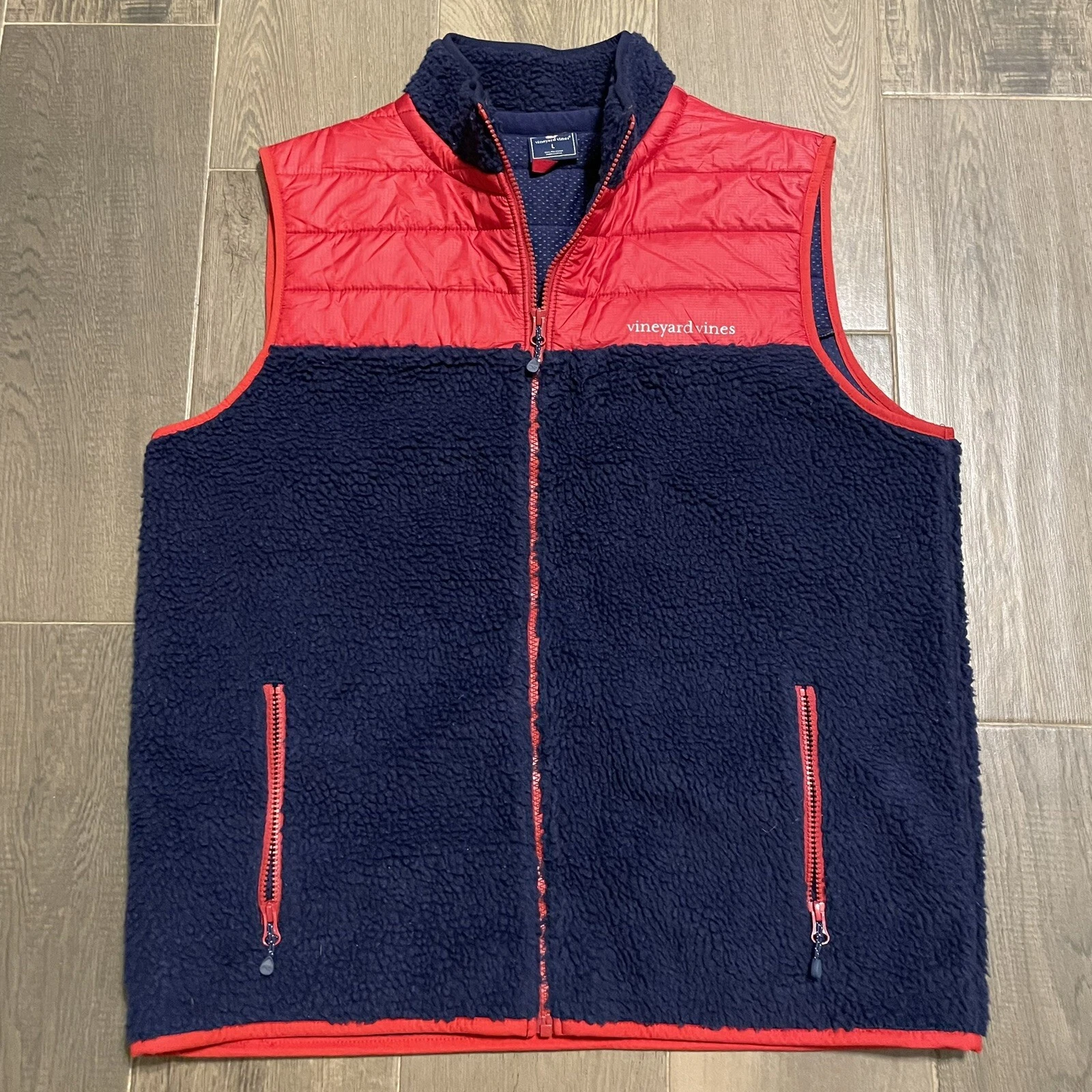 Vineyard Vines Vest Mens Large Blue Red Sherpa Deep Pile Pockets Outdoor Preppy