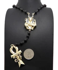 Hip Hop Anubis & Ankh Pendant w/ 5mm 30" Lava Stone Bead Rosary Bling Necklace