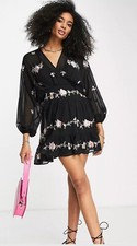 ASOS DESIGN 70s tiered embroidered mini dress in black, NWT, Sz 12