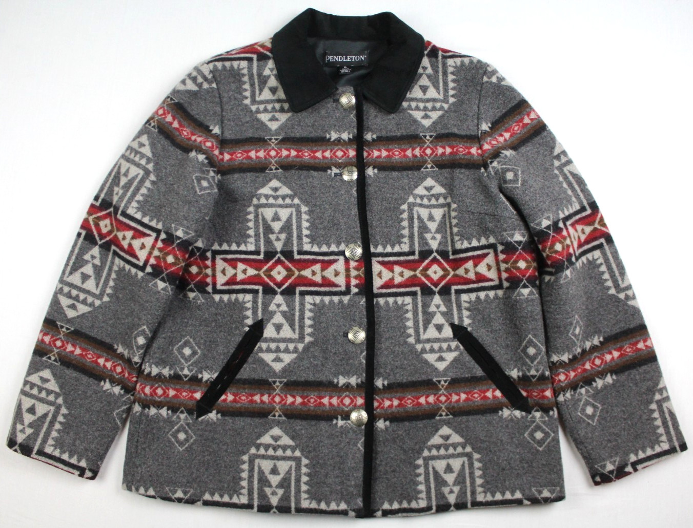 Pendleton 100% Wool Aztec Leather Collar Button F… - image 1