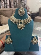 Bollywood India Golden Plated Ethnic AD CZ Jewelry Earrings Necklace Bridal Set
