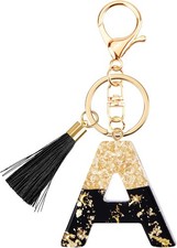 Initial Letter Bubble Gold Tone Black Bag Charm Keychain for Purse Handbag