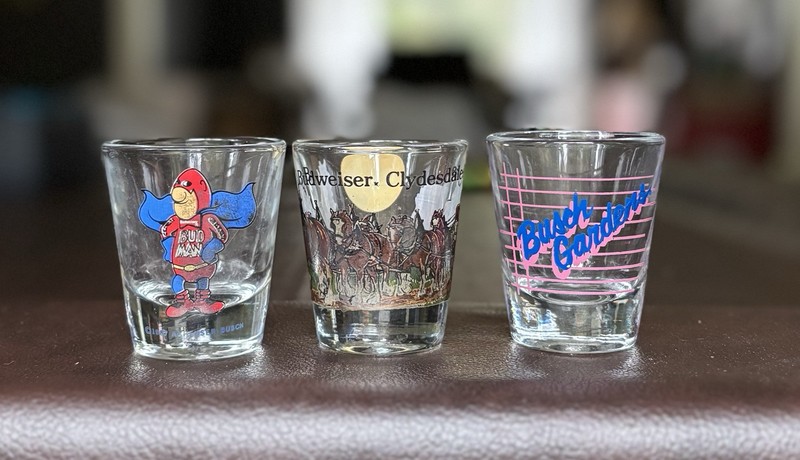3 Vintage Budweiser/Busch Gardens shot glasses Budman Clydesdales