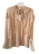 REISS Size 10 Winnie Ruffle Long Sleeve Top NWT $240 Nude Beige Sheer Career