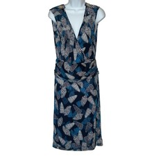 Tory Burch Silk Sleeveless Dress Size S Blue Sea Shells Gold Buttons Faux Wrap