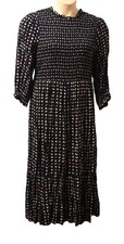 M&S Collection Womens Midi Waisted Dress size 18 Shirred Top Printed Black Mix