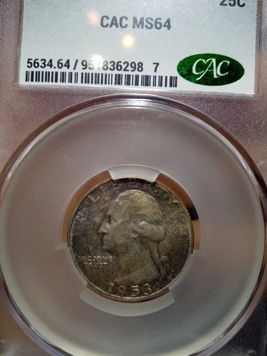 1953 Washington Quarter CAC MS 64 Nicely Toned 90% Silver