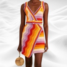 FARM Rio Multi Stripes Crochet Belted Mini Dress Size Large Orange Purple Red