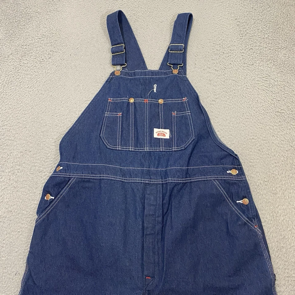Macacão masculino vintage redondo House 42x30 azul denim carpinteiro feito nos EUA - Imagem 2 de 4