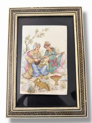 Vintage  Persian Miniature Painting Bone Title Khatam Marquetery Frame Courting