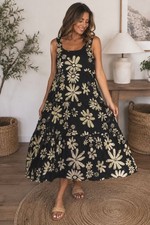 Natural Life Adele Cotton Maxi Dress in Black Cream Daisies