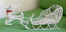 VTG Christmas White Flocked Sleigh & Reindeer Wire Art 17" Center Piece Decor