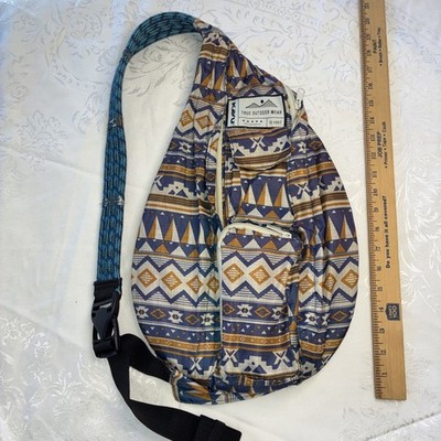 KAVU Rope Sling Bag Backpack Tan Blue Geometric Shoulder Crossbody Some Wear
