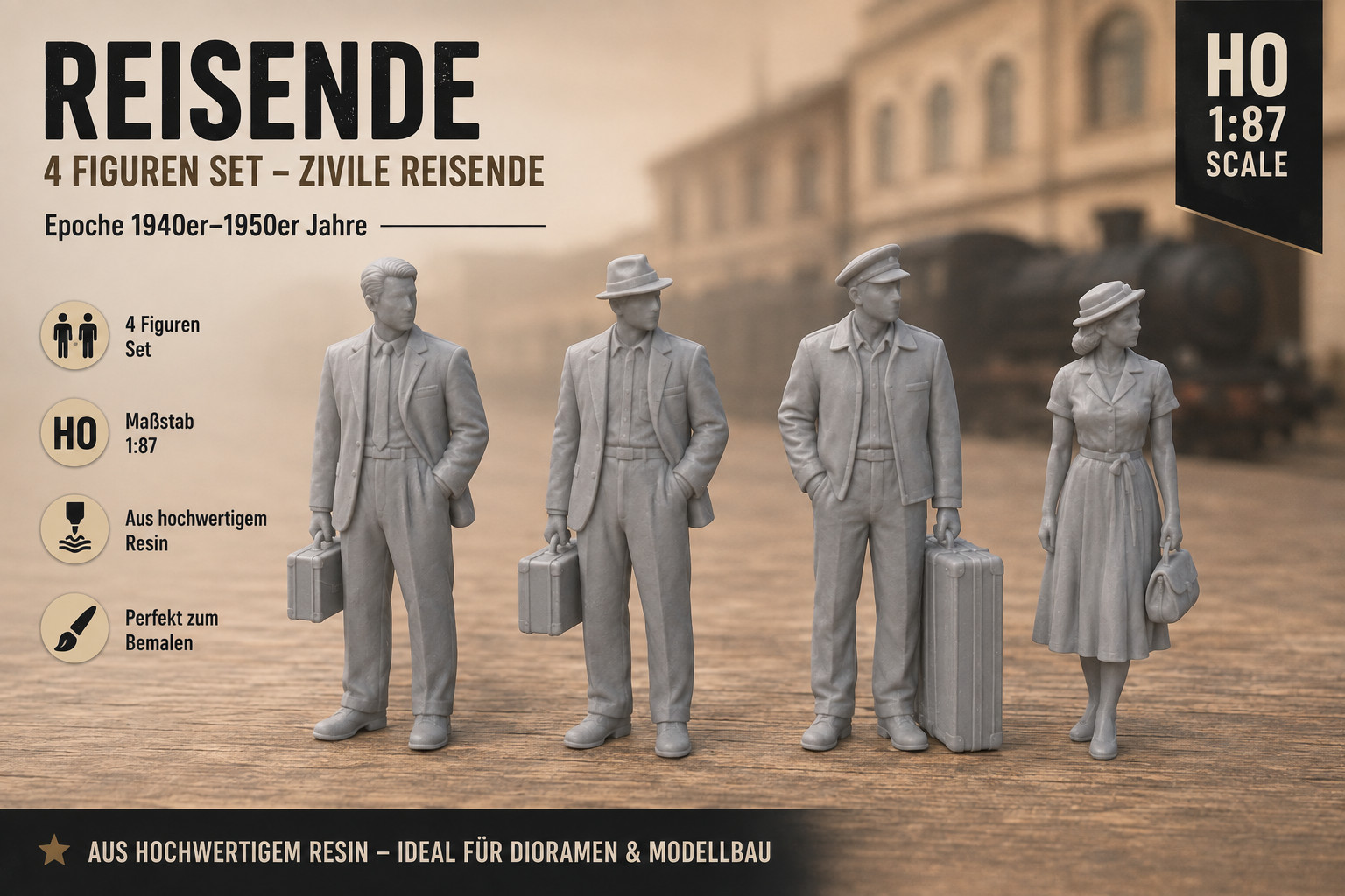 Set De 4 Figuras H0 1:87 Resina Sin Pintar Gris Años 40 50