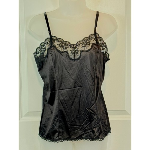 Esteem Black Lace Trim Sheer Comfort Cami Tank Top Medium M Silky Lingerie Night
