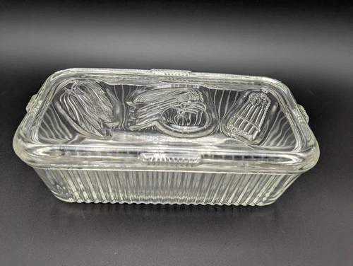Federal Ribbed Clear Glass Refrigerator Dish w/Veggie Lid - Rectangle Vintage