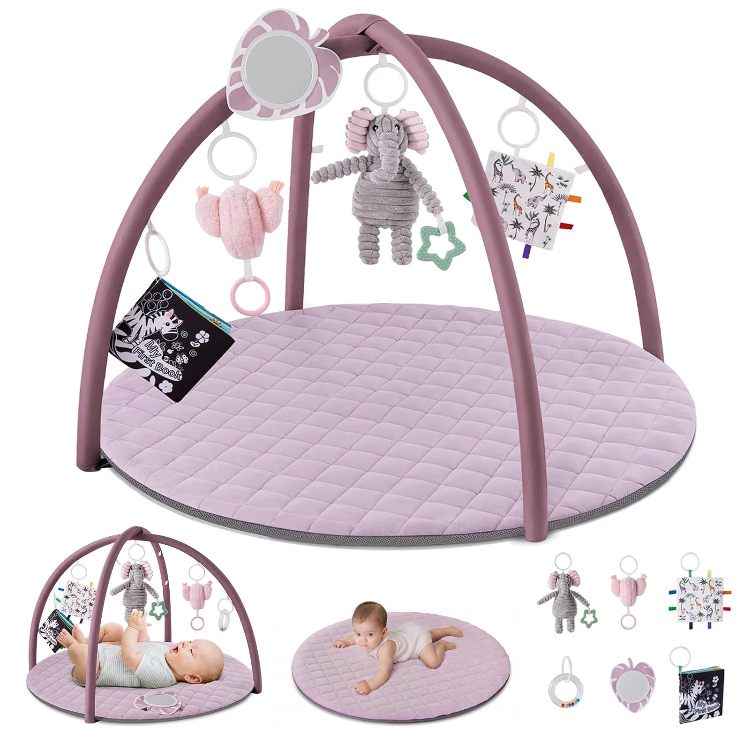 Baby Play Gym Mat,Tummy Time Activity Mat w/ 6 Detachable Toy-Stage-Based Sensor