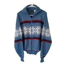 Scandia Woods Mens Cardigan Sweater Size Large Blue Cable Knit Full Zip Pockets 