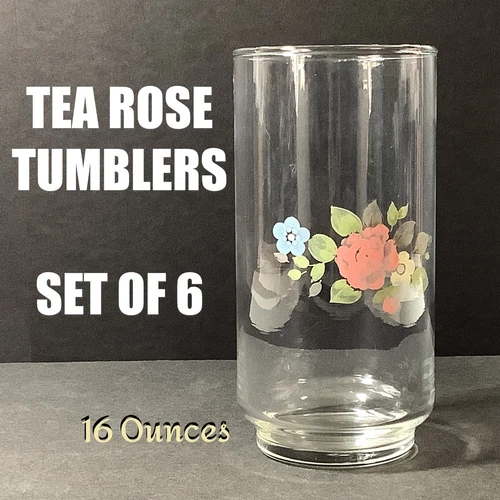 6 PFALTZGRAFF TEA ROSE 5 3/4” Glasses 16-Oz Tumblers Signed Libbey Vtg