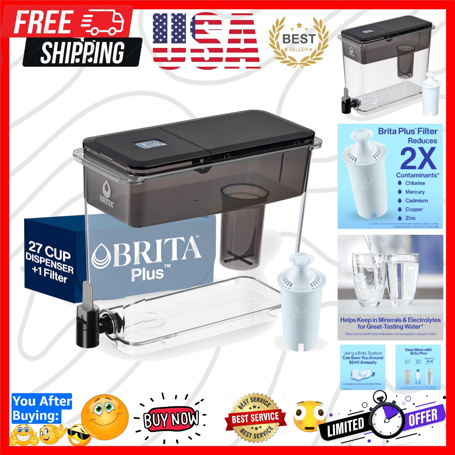 BPA-Free 27 Cup Water Dispenser with Plus Filter: Pure Water