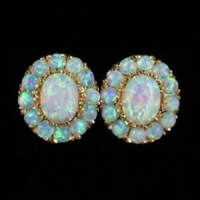 4.00Ct Oval Cut Fire Opal Flower Stud Push Back Earrings 14K Yellow Gold Over
