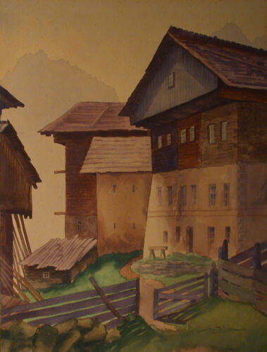 Hans Hofmann (1902-1975) Tiroler Bauernhäuser vor Gebirgskette. - Bild 1 von 14