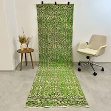 3x9 Vintage Turkish Oushak Runner, Green Floral Rug, Handmade Wool, Bohemian Rug