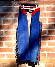 DEFECTIVE Red and Blue Western Leather Chaps Measurements in Photos G3D