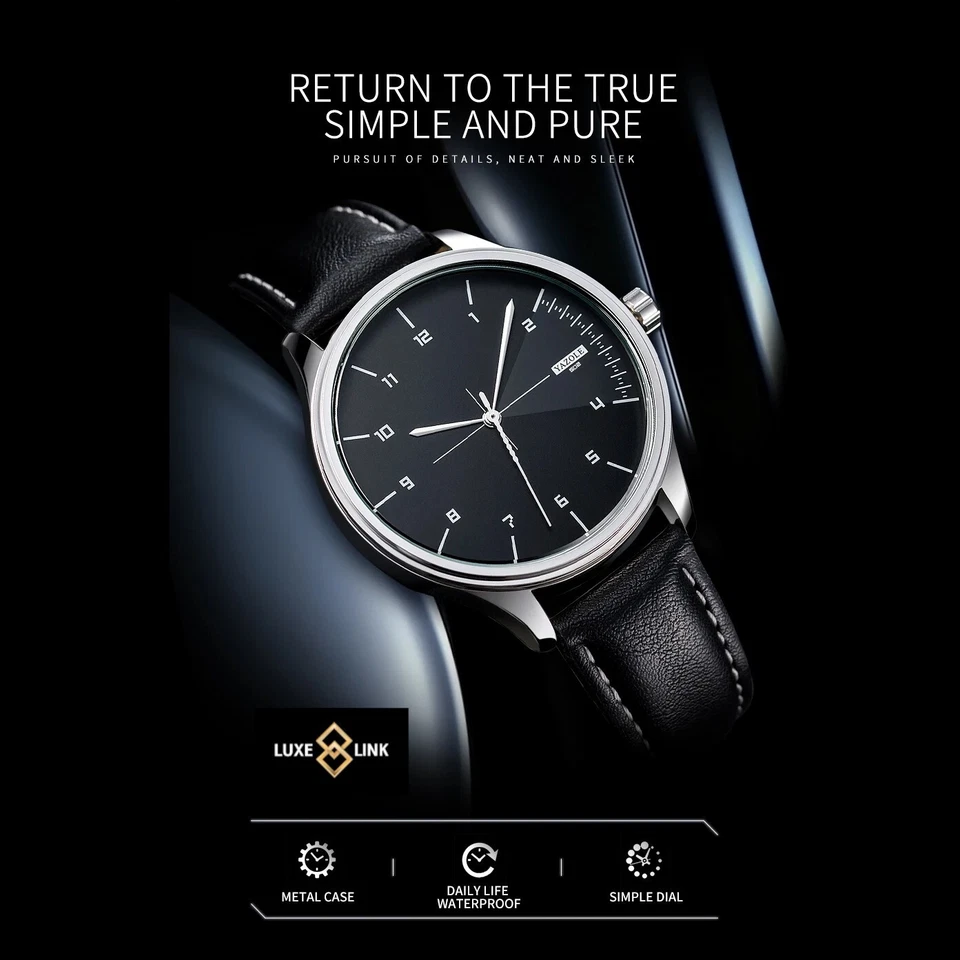 Reloj de pulsera negro para hombre con correa de cuero de cuarzo 🙂 Vendedor del Reino Unido Foto 4 de 4