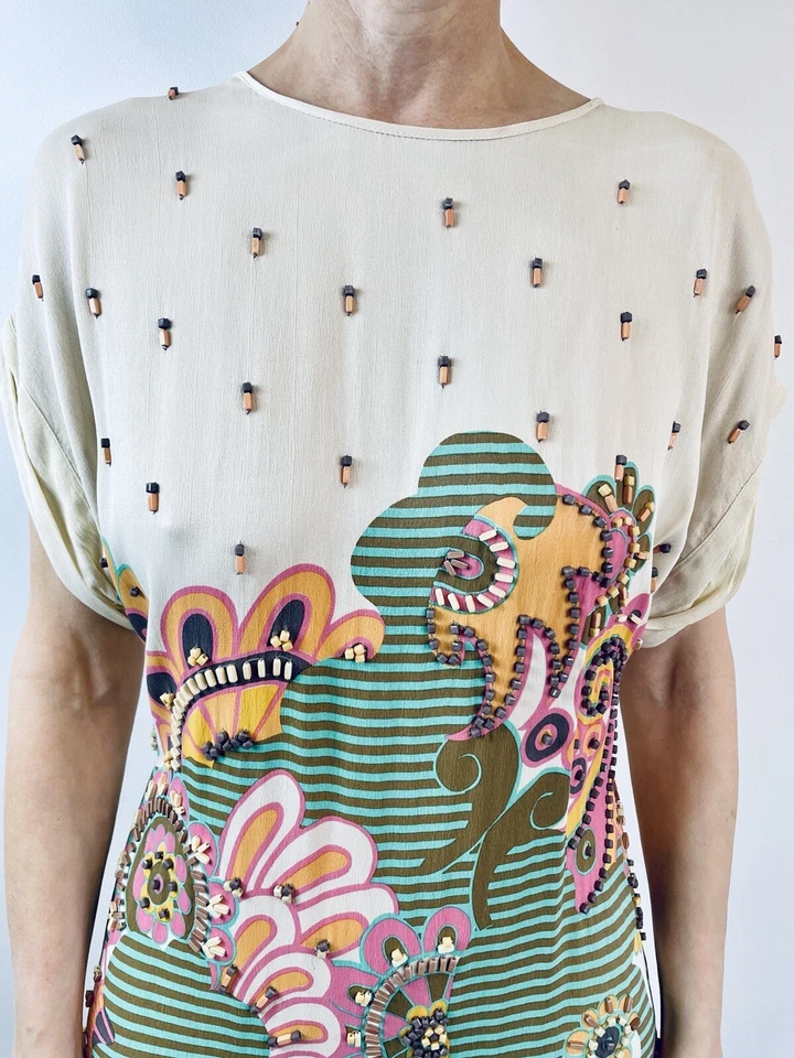 Vestido Nicole Farhi Talla 8 Crema Seda Cambio Cuentas Rosa Verde Corte Diseñador Foto 2 de 4