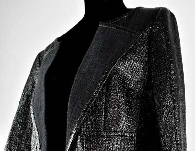 Escada Size 40 Black Open Shiny Blazer Short Jacket Pockets Glam Party 10US Cuff