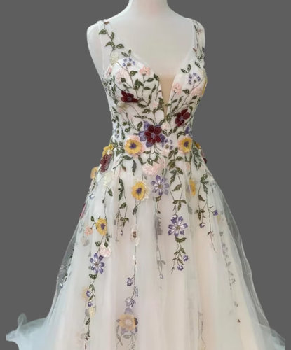 Vintage Spitze Blumen Hochzeitskleider V-Ausschnitt A-Linie böhmischer Tüll Brautkleider - Bild 4 von 10