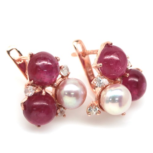 925 Sterling Silver 8 mm. Pink Ruby, Pearl & Zircon Earrings - Picture 2 of 4