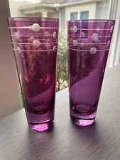 Set Of 2 Sasaki Crystal “Apero” Tumblers,  Amethyst Glass, Polka Dots/Stripes